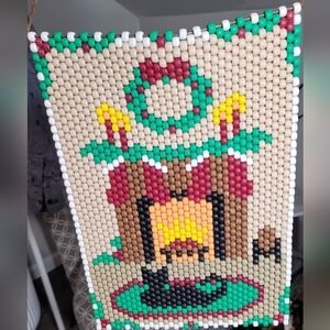 Hand Beaded Christmas Fireplace With Cat Wall Hanging Banner